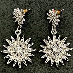 Y2K Silver Starburst Rhinestone Drop Earrings McBling Celestial Costume 2000s